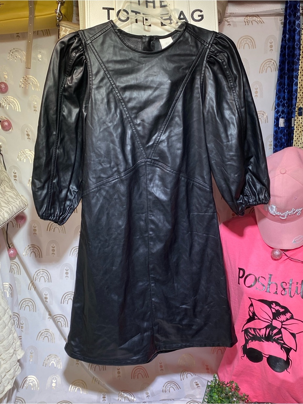 H&M Black Faux Leather Puff-Sleeve Midi Dress